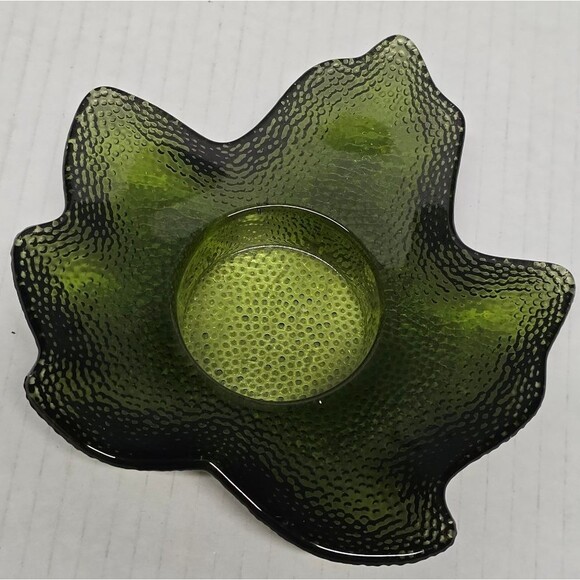 HALLMARK SUMMER AUTUMN MAPLE LEAF TEA LIGHT CANDLE HOLDERS GREEN GLASS - Picture 4 of 9